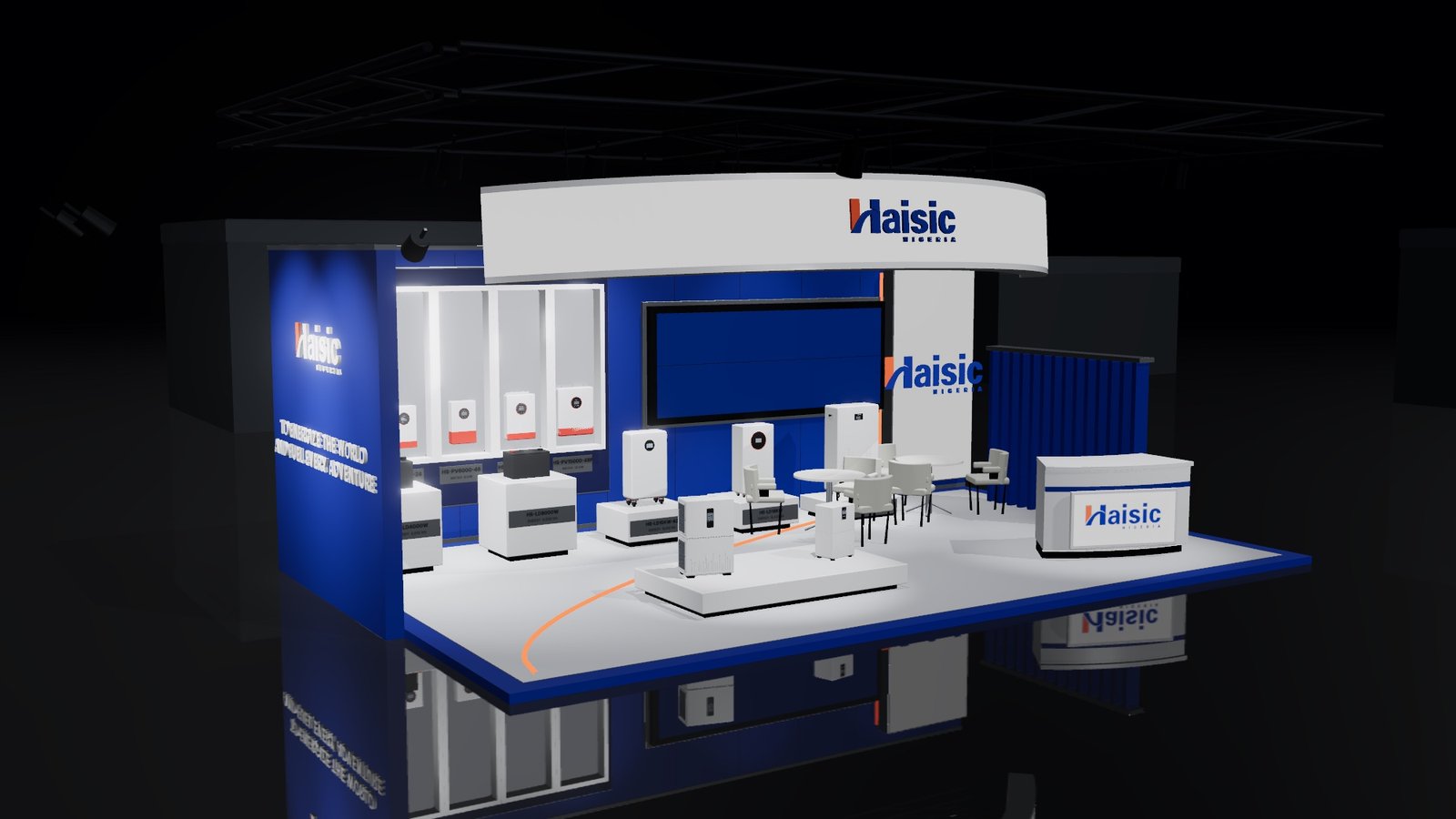 The Haisic Nigeria exhibition stand, seen from the aisle, with the product range on lit plinths and the suspended Haisic blade overhead